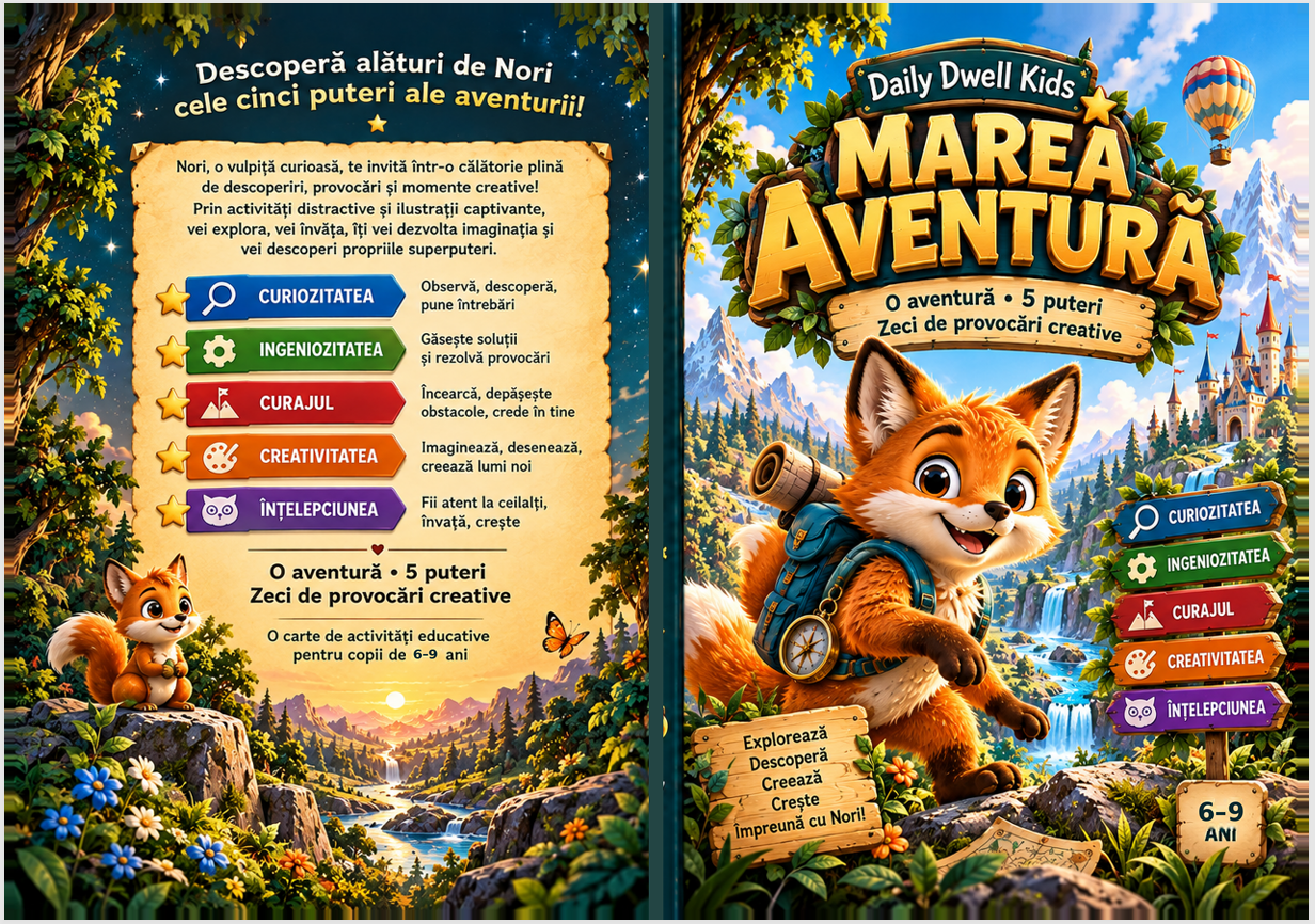 Original Romanian front-and-back cover artwork for Nori – The Great Adventure, featuring Nori the fox, a mountain adventure and five powers; marked ages 6–9.