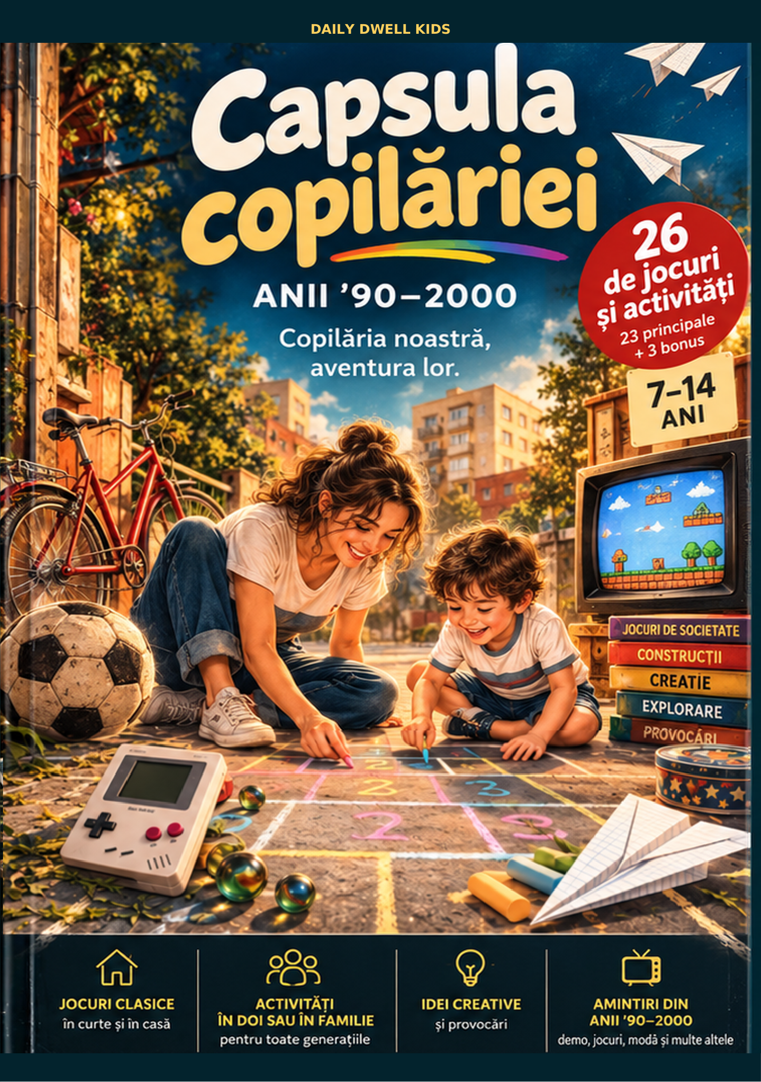Coperta față originală în limba română a cărții Capsula copilăriei: mamă și băiat jucând șotron într-o curte nostalgică, design bleumarin și auriu, avioane de hârtie și consolă veche; 26 de jocuri și activități (23 principale + 3 bonus), 7–14 ani.