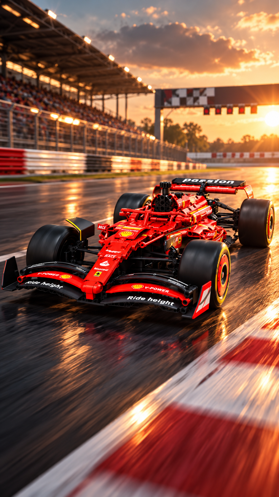 Formula Racer 1:10 promotional render: the red open-wheel race car built from construction pieces, on a wet racetrack at sunset.