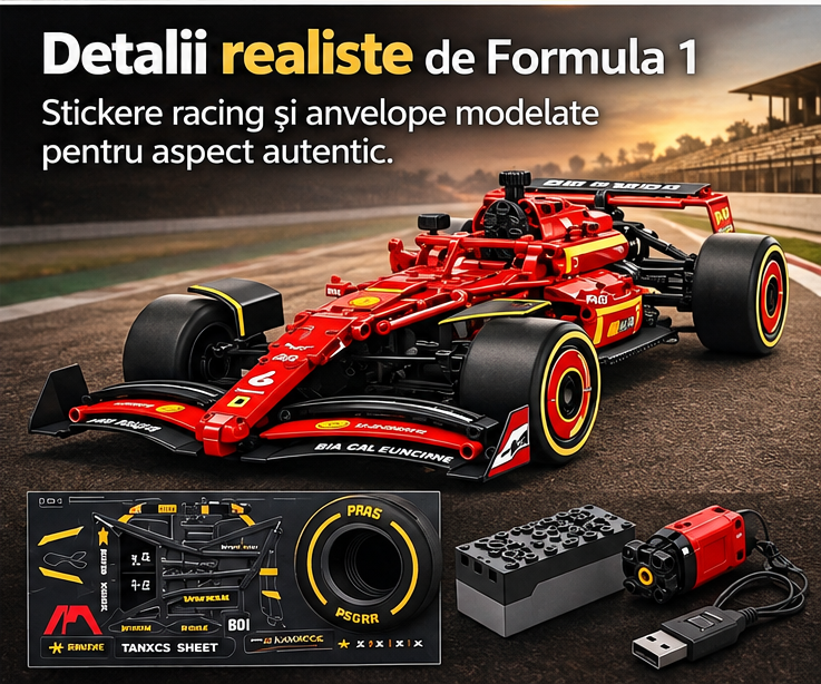 Imagine promoțională originală cu text în română: detaliile mașinii roșii din piese de construcție, stickere, anvelope, motor și cablu USB.