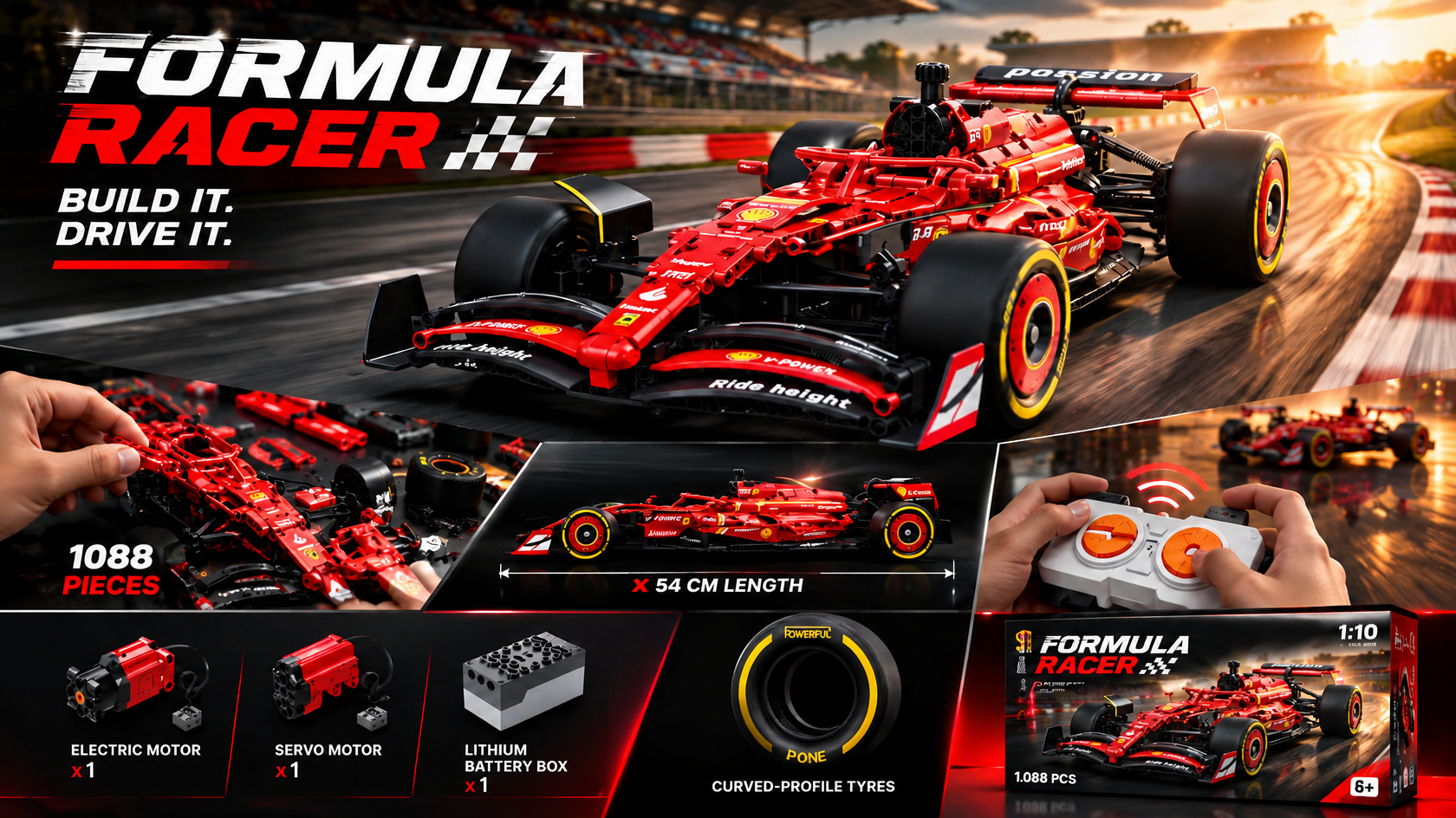 Formula Racer 1:10 promotional poster: the red race car, the 1,088 pieces, its 54 cm length, the electric motor and the white remote control with two orange controls. The artwork also shows a servo motor, a lithium battery box, curved-profile tyres and a 6+ age mark on the box; these details are pending confirmation and are not part of the website's product claims.