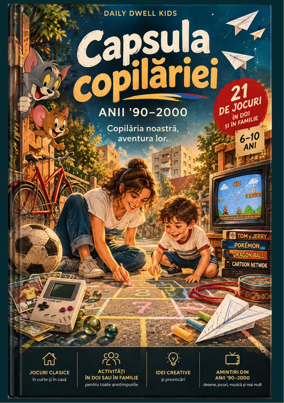 Final Romanian Childhood Time Capsule front cover: a mother and child drawing hopscotch in chalk, surrounded by nostalgic '90s and 2000s objects — a Game Boy, a retro TV, cartoon tapes, marbles and paper planes. The artwork shows 6–10 years and 21 games; approved website details are ages 7–14 and 23 games and activities.