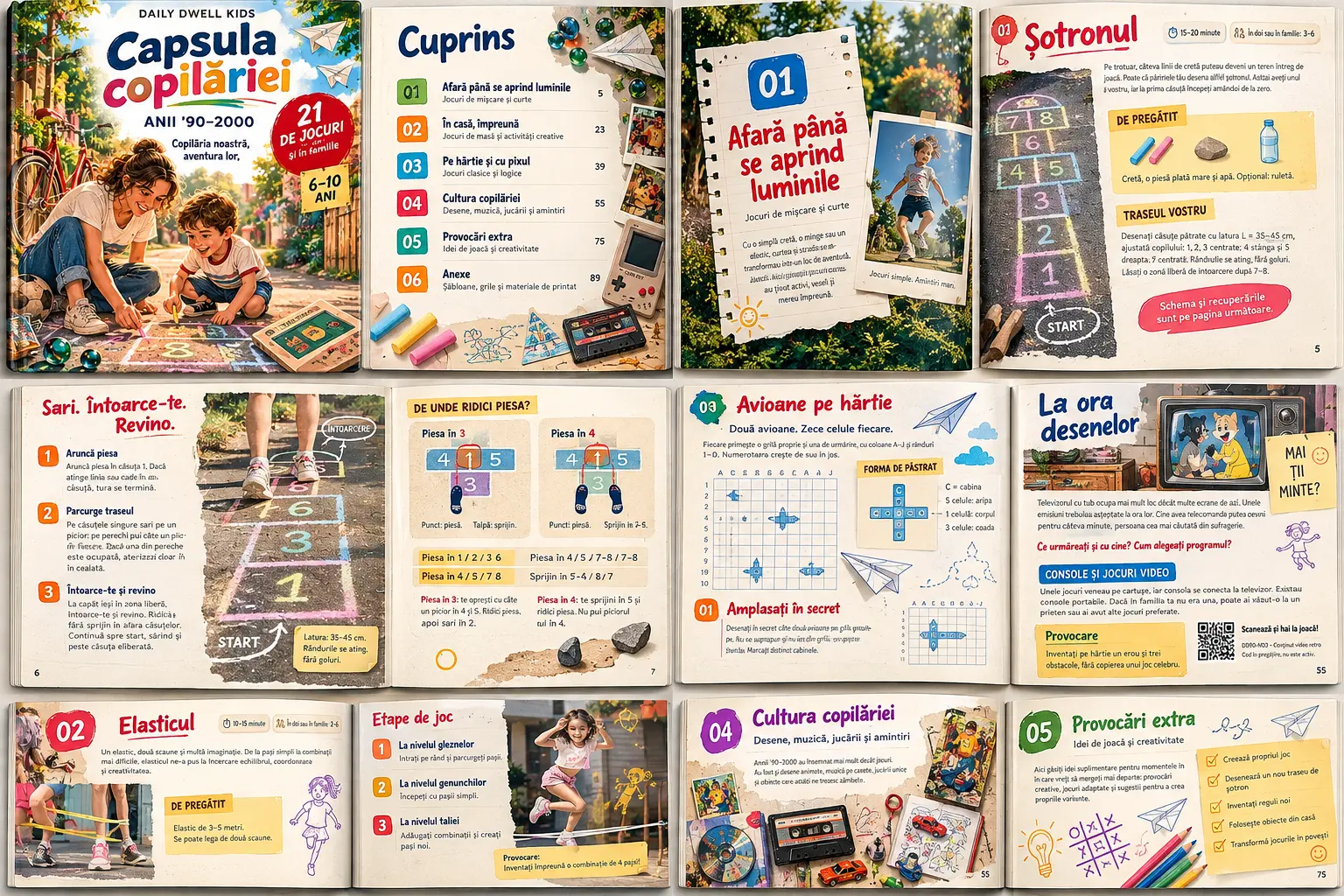 Original Romanian Childhood Time Capsule preview collage showing the cover, contents, hopscotch, elastic games, paper planes and childhood memories pages. Its cover displays the outdated 6–10 years and 21 games labels.