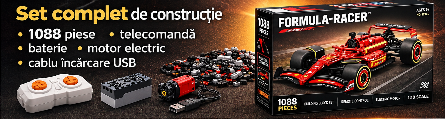 Imagine promoțională originală a conținutului setului, cu text în română: 1088 de piese de construcție, telecomandă albă, motor electric, unitate de baterie și cablu USB lângă cutia ilustrată.