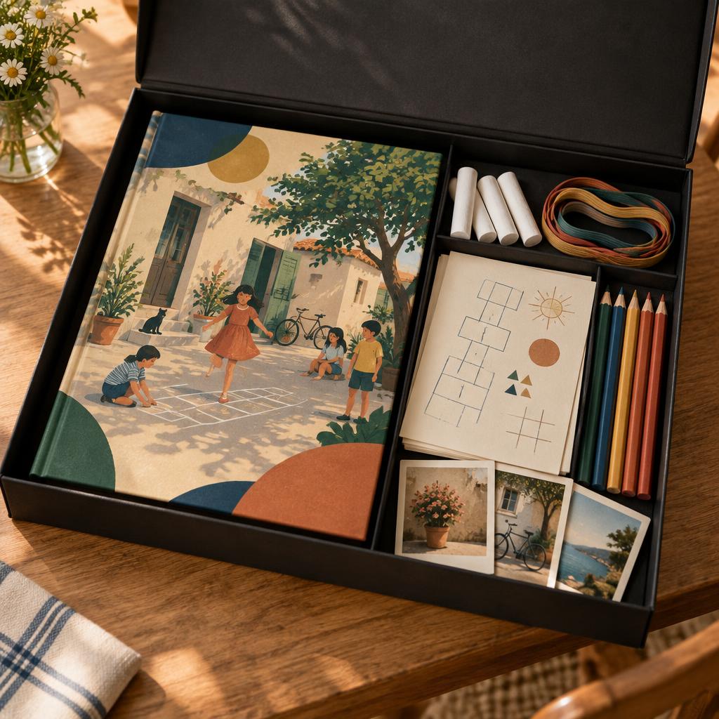 Premium gift box concept mockup: an open matte black box with an illustrated book, chalk, traditional elastic bands, colored pencils, paper game sheets and photo keepsakes. Packaging and accessories are not final.